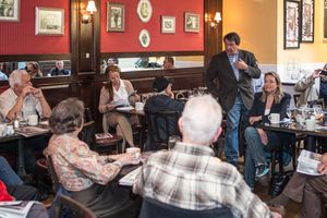 (PHOTO: George Latimer and Catherine Parker at a community coffee at Ruby's in April 2015.)