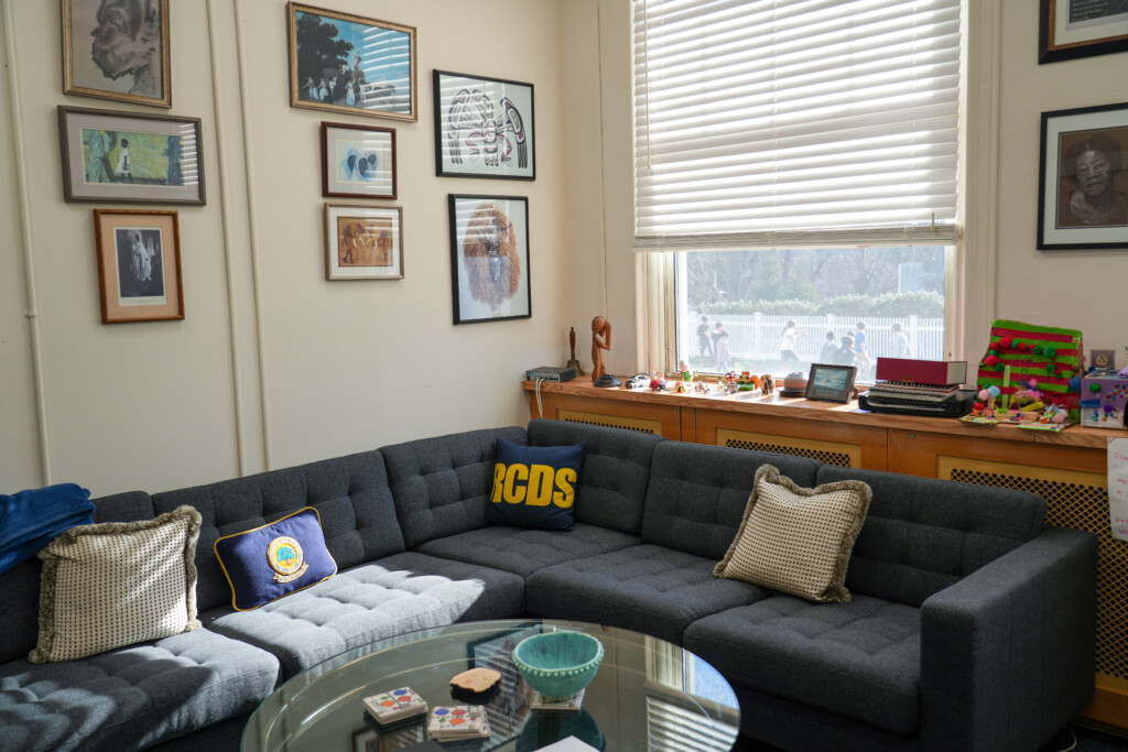 (PHOTO: The large L-shaped couch in Rye Country Day School’s Head of School Randall Dunn's office he uses for for thoughtful conversations.)