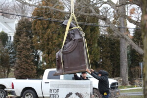 (PHOTO: Rye FD's memorial for fallen firefighters, Our Lady Memory, was reinstalled on Friday, March 10, 2023 after extensive renovation.)