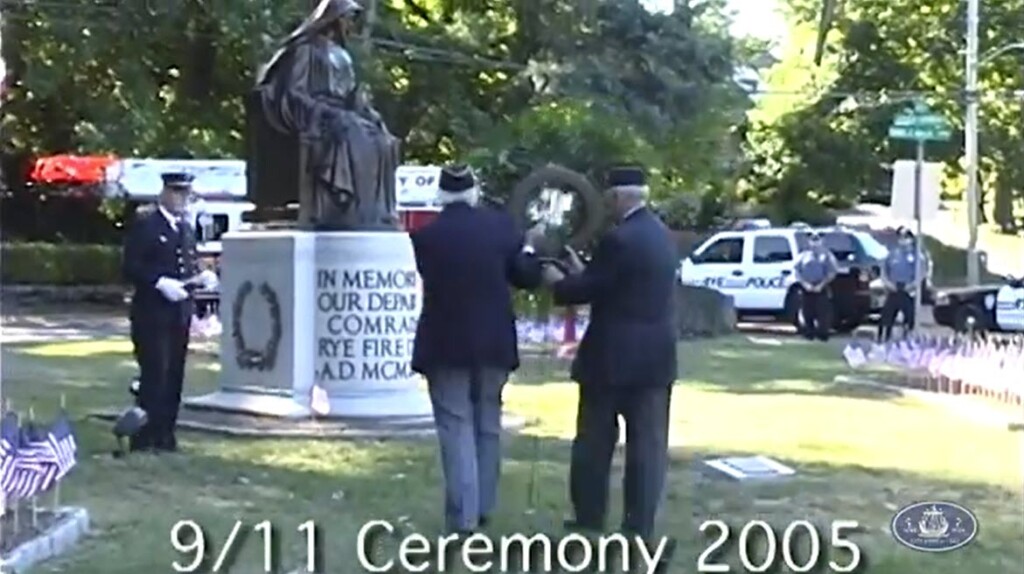 (PHOTO: Rye FD's memorial for fallen firefighters, Our Lady Memory, during a 9-11 ceremony in 2005.)