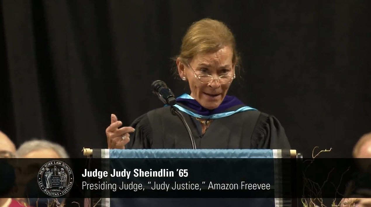 (PHOTO: Judge Judith Sheindlin delivering the commencement address at New York Law School in 2022. She will be this year's commencement speaker at Rye Country Day School.)