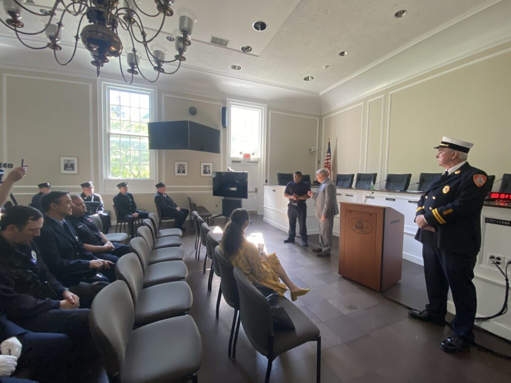 (PHOTO: The City of Rye Fire Department welcomed its newest firefighter Andre Wolfe at in a swearing-in ceremony Monday, May 8, 2023 at City Hall. )