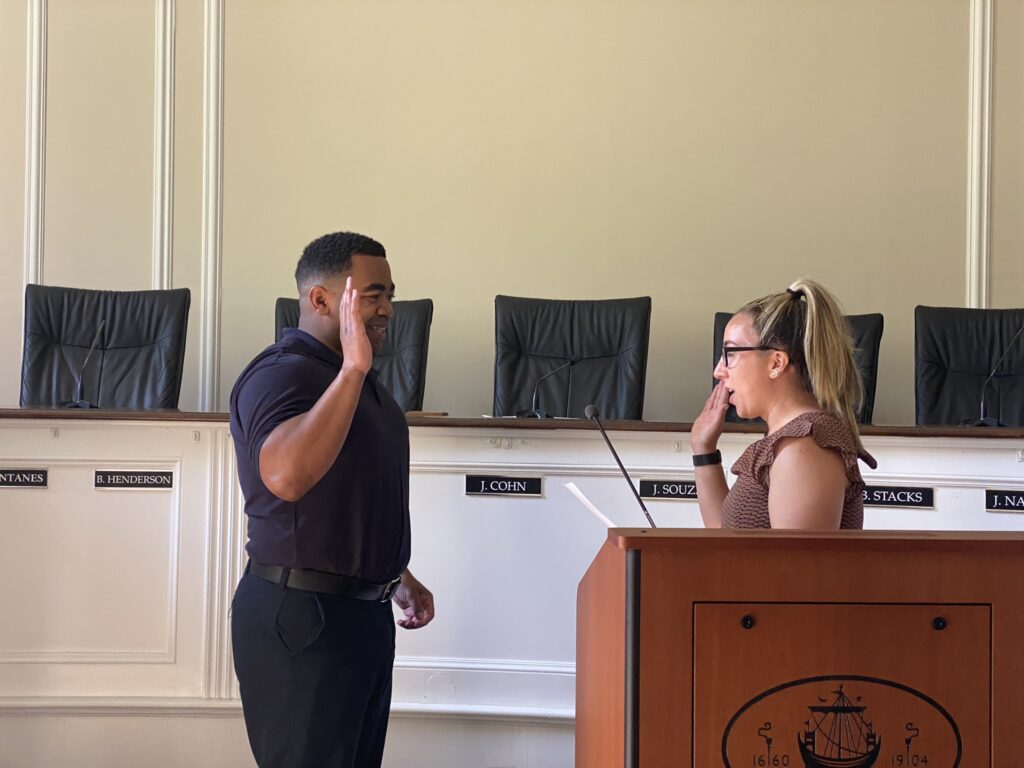 (PHOTO: The City of Rye Fire Department's newest firefighter Andre Wolfe was sworn in by Deputy City Clerk Kayla Garritano at in a swearing-in ceremony on Monday, May 8, 2023 at City Hall. )