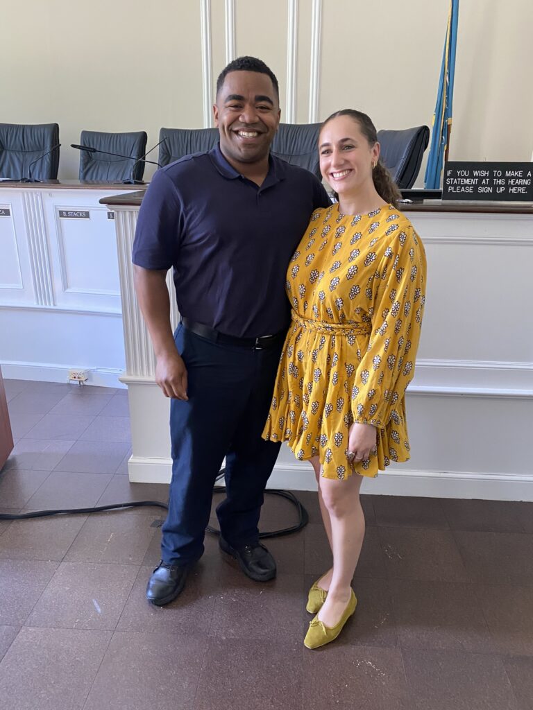 (PHOTO: The City of Rye Fire Department welcomed its newest firefighter Andre Wolfe on Monday, May 8, 2023 at City Hall. Left to right: Firefighter Andre Wolfe with his partner Kayla Isaacs.)