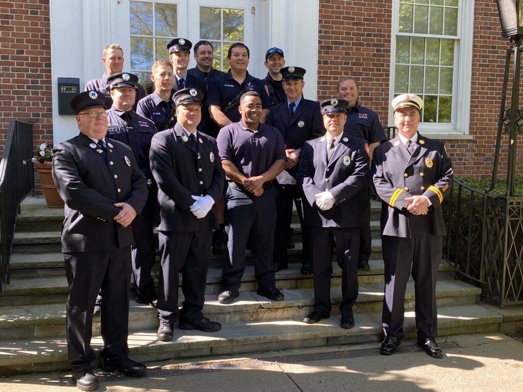 (PHOTO: The City of Rye Fire Department welcome's it's newest firefighter Andre Wolfe on the steps of City Hall on Monday, May 8, 2023 at City Hall. )