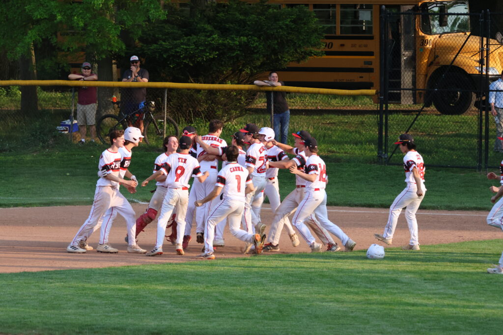 (PHOTO: Rye Boys Varsity Baseball won the first round of playoffs 5-4 over Greeley on Monday with a Tyler Winderman RBI walk off single in the 7th.)