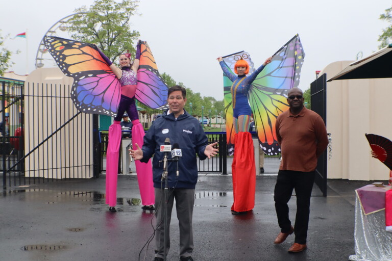 (PHOTO: New Playland GM Jeff Davis welcomes VIPs and media to opening day on Saturday, the start of the park's 95th season. Credit: Sierra Desai.)