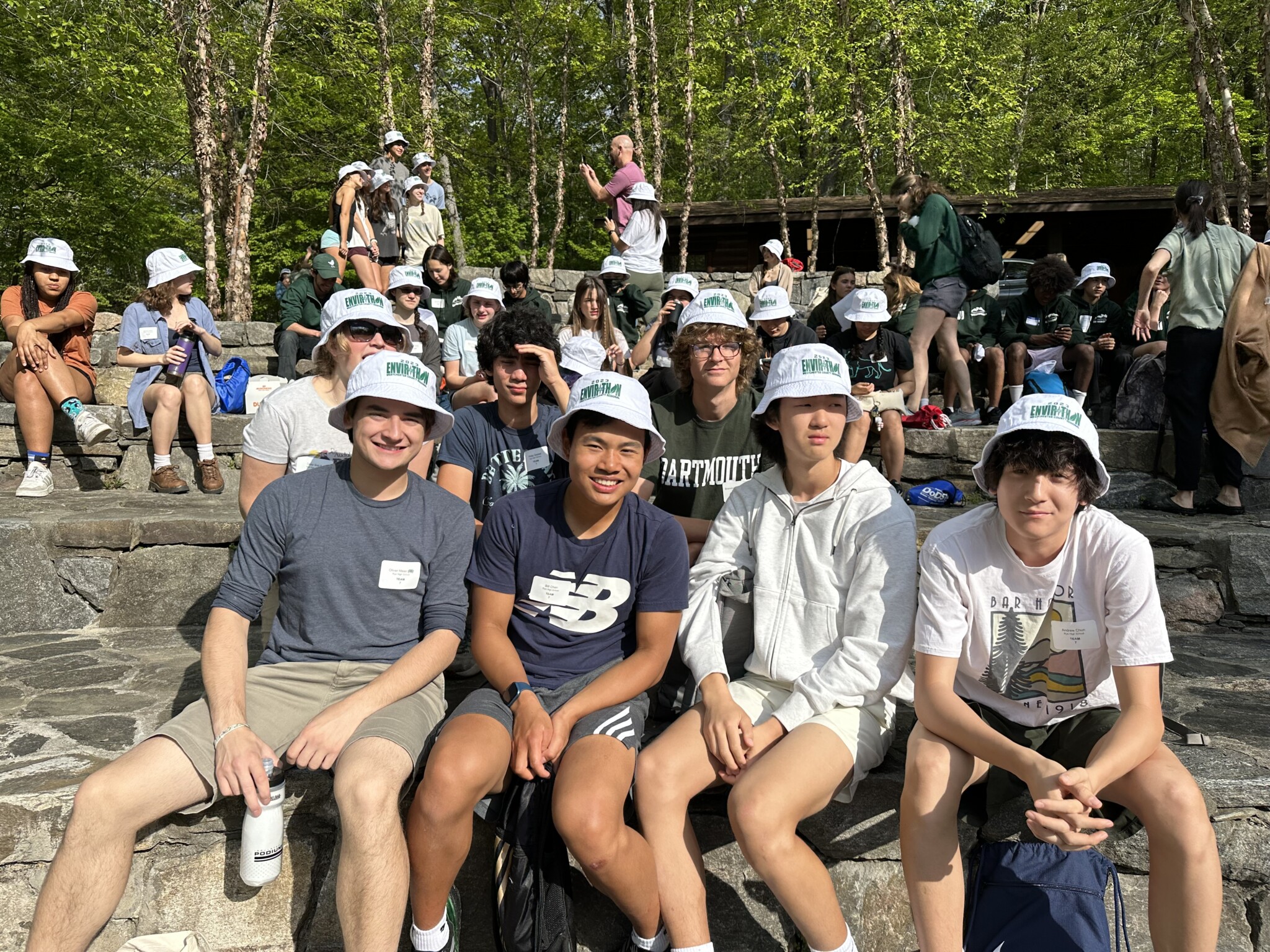 (PHOTO: Rye High School's Envirothon team included Oliver Meier, Bill Chen, Dean Kim, Andrew Chun (front row, left to right), Delia Bajuk, Philip Seidell, and Brendan Chapman (back row, left to right).)