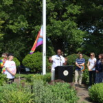 (PHOTO: Congressman Jamaal Bowman shares a few words of inspiration at the Pride flag raising in Rye Town Park on Saturday, June 10, 2023. Credit: Sierra Desai.)