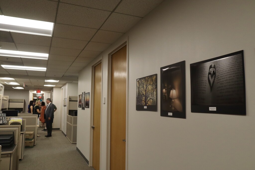 (PHOTO: Student art lines the walls of the Rye City School District's Central Administration Building. Credit: Sierra Desai.)