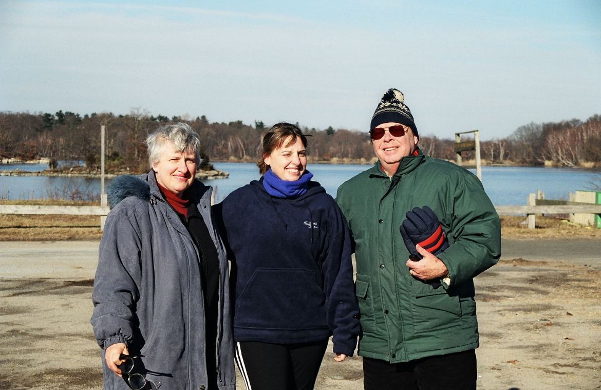 (PHOTO: (L-R): Sally Lee, Kate Flynn, and Dick Lee on a walk near Rye Playland on December 27th, 2004.)