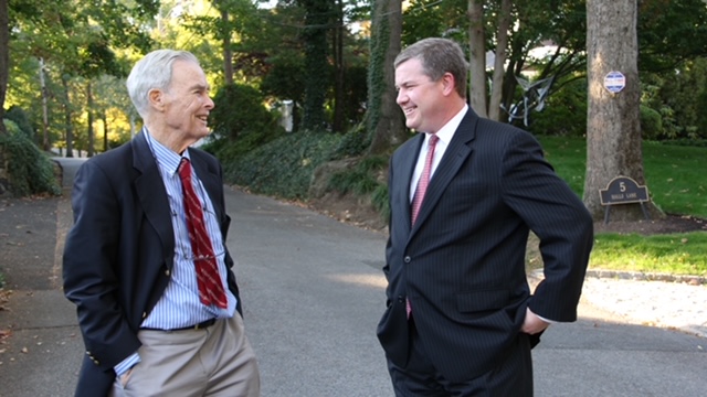 (PHOTO: John Carey with Mayor Joe Sack during his campaign in 2013. Credit: Andrew Dapolite.)
