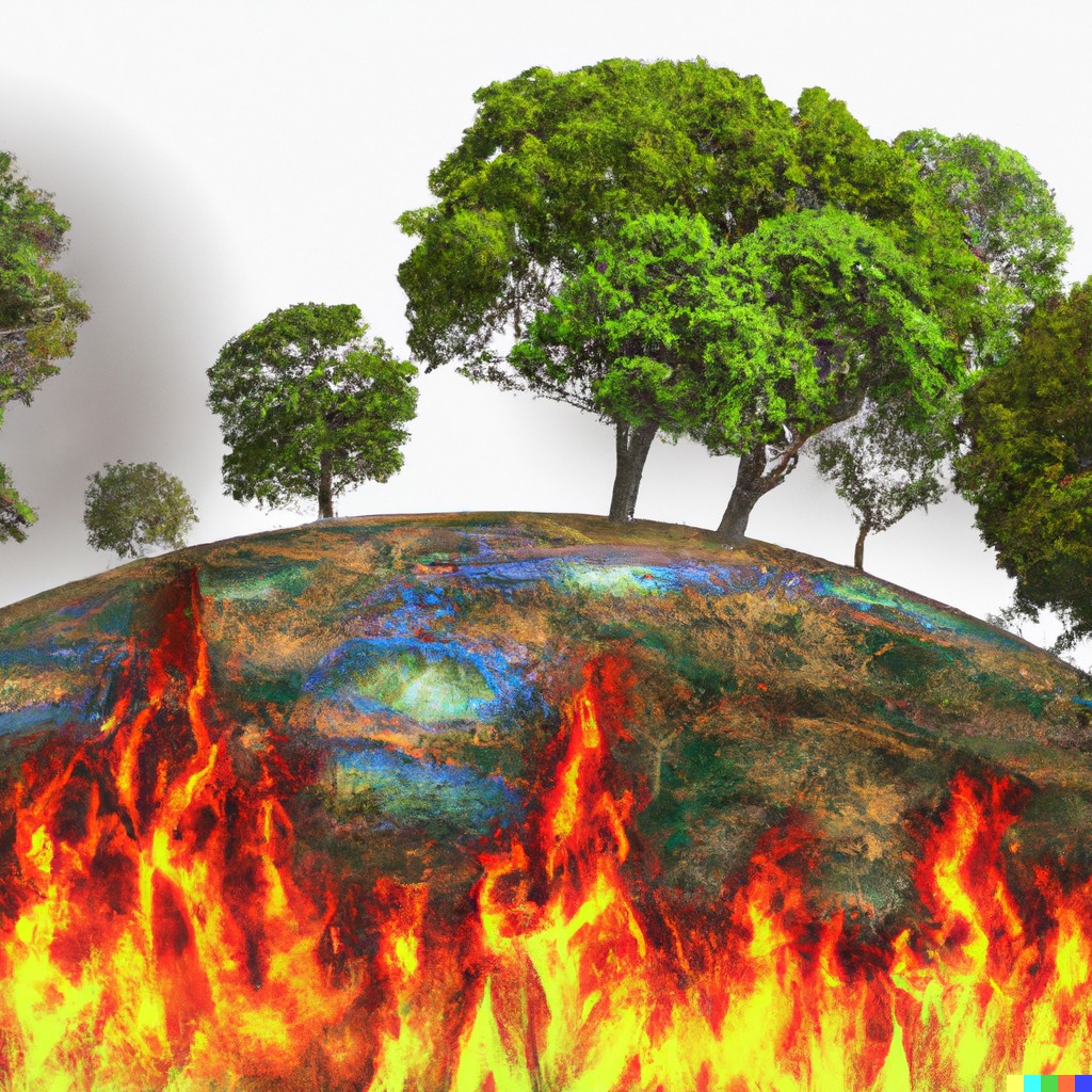 (PHOTO: Scorched earth with trees on fire as created by Open AI's DALL·E.)