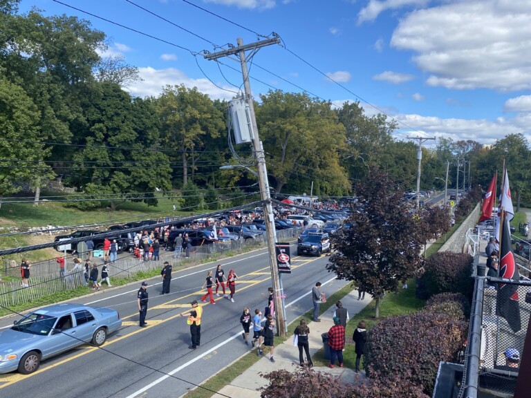 (PHOTO: Boston Post Road by Rye High School's Nugent Field. File photo from the Rye - Harrison football game October, 8, 2022.)