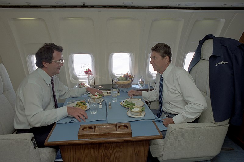 (PHOTO: President Reagan eating lunch with US Secretary of Labor Raymond Donovan aboard Air Force One in 1981. Donovan was famously known for his quip "Which office do I go to to get my reputation back?” Credit: White House Photographic Collection.)