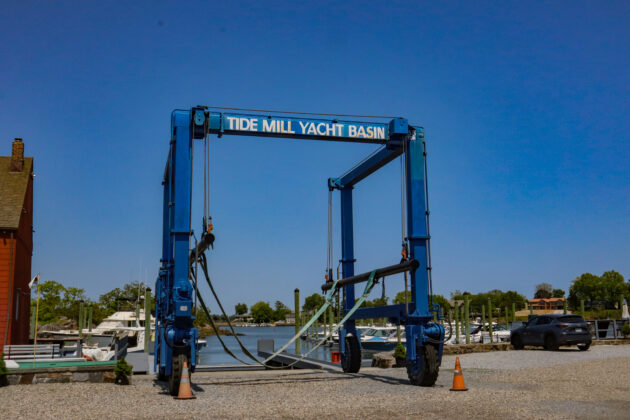 (PHOTO: The boat lift in the current Tide Mill Yacht basin. Credit: Sierra Desai.)
