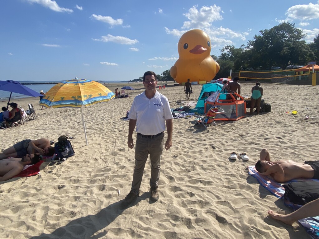 (PHOTO: Playland General Manager Jeff Davis on Friday at Playland Beach in front of the world's largest rubber duck, 61' tall Mama Duck.)