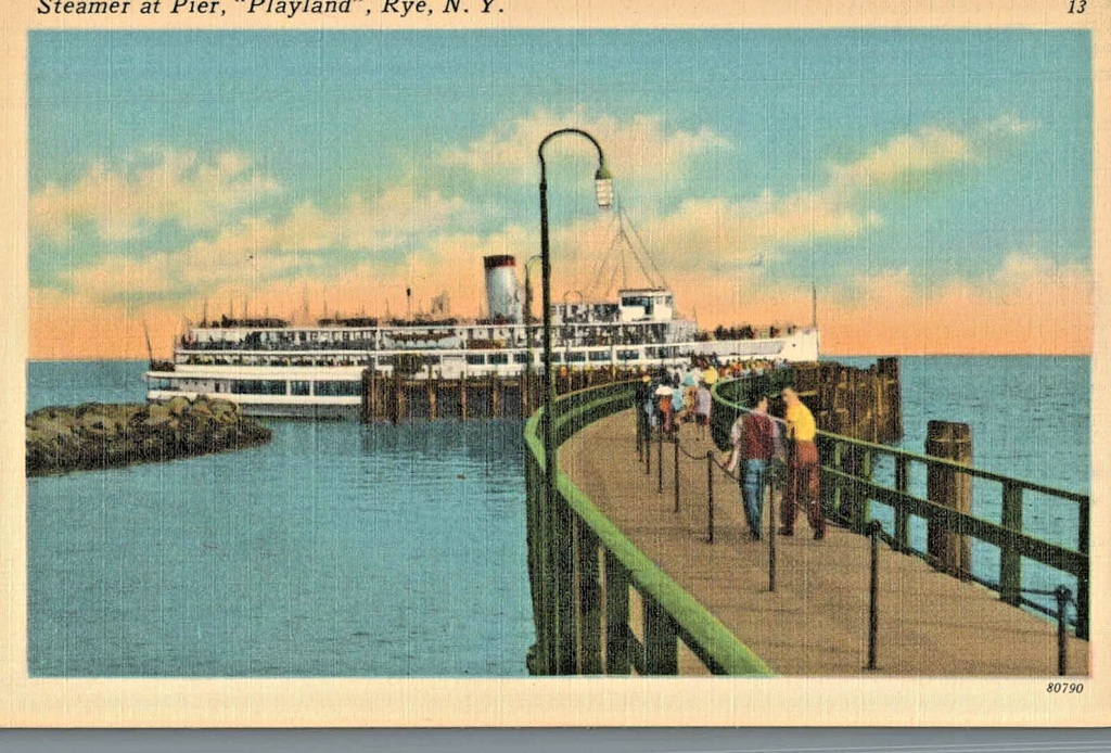 (PHOTO: This vintage postcard shows ferry service to the pier at Rye Playland in the early 1900s.)
