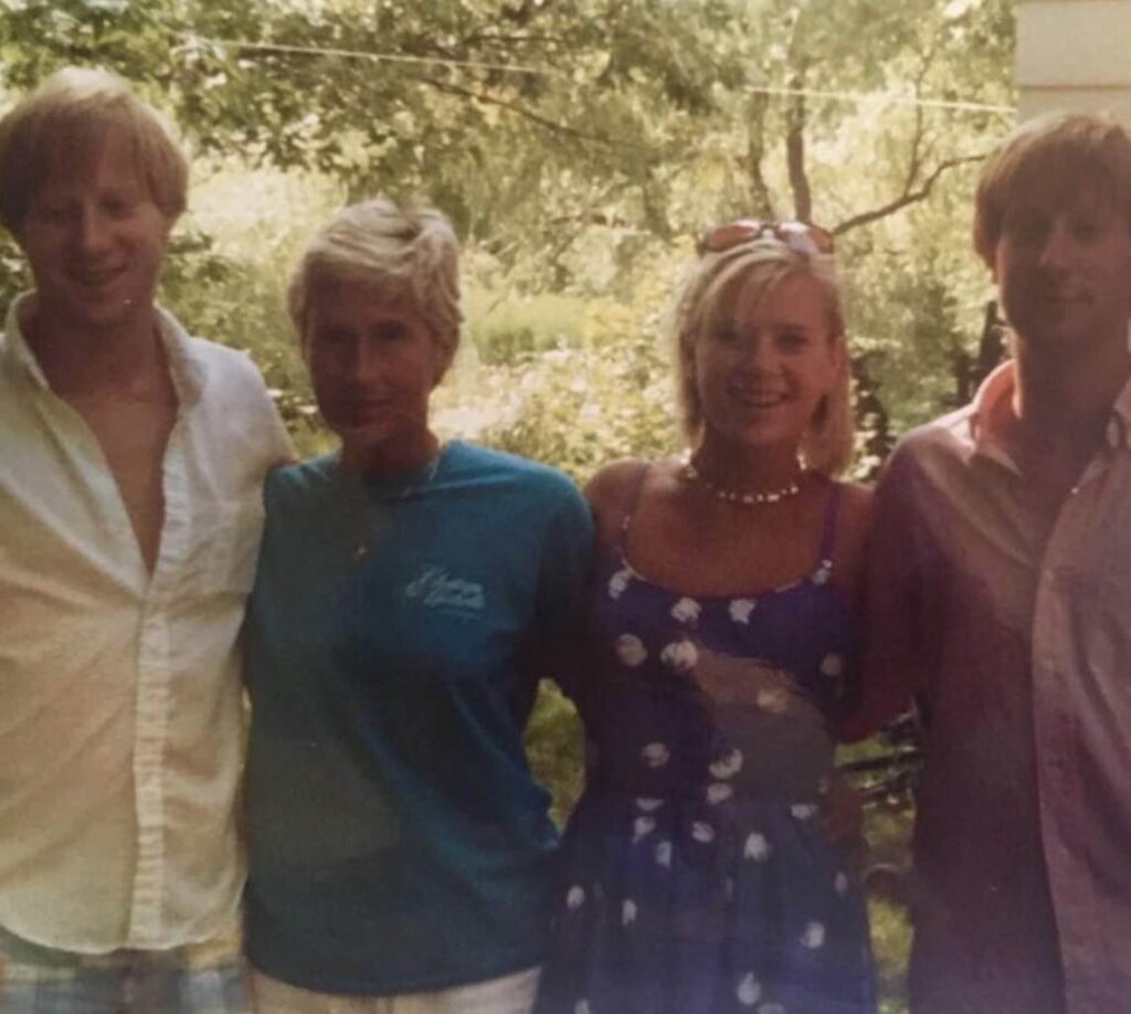 (PHOTO: Summer at Kerry's house on Winthrop with the brook behind them.  From left to right, Chris Taylor, Barbara Cummings Taylor, Kerry Ann Taylor Christensen, and Mike Taylor.)