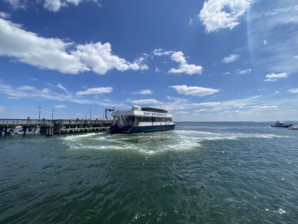 (PHOTO: NY Waterway ferry service leaving the Playland pier Saturday. Ferry service returned to Rye Playland on Saturday, August 19, 2023. The special one day service was a test as the park's operator Standard Amusements considers returning regular ferry service from New York City to the park in 2024.)