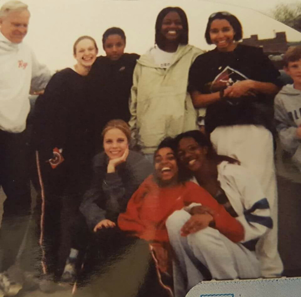 (PHOTO: Latoya Anderson with Rye High School Track Coach Jim Yedowitz and the track team.)