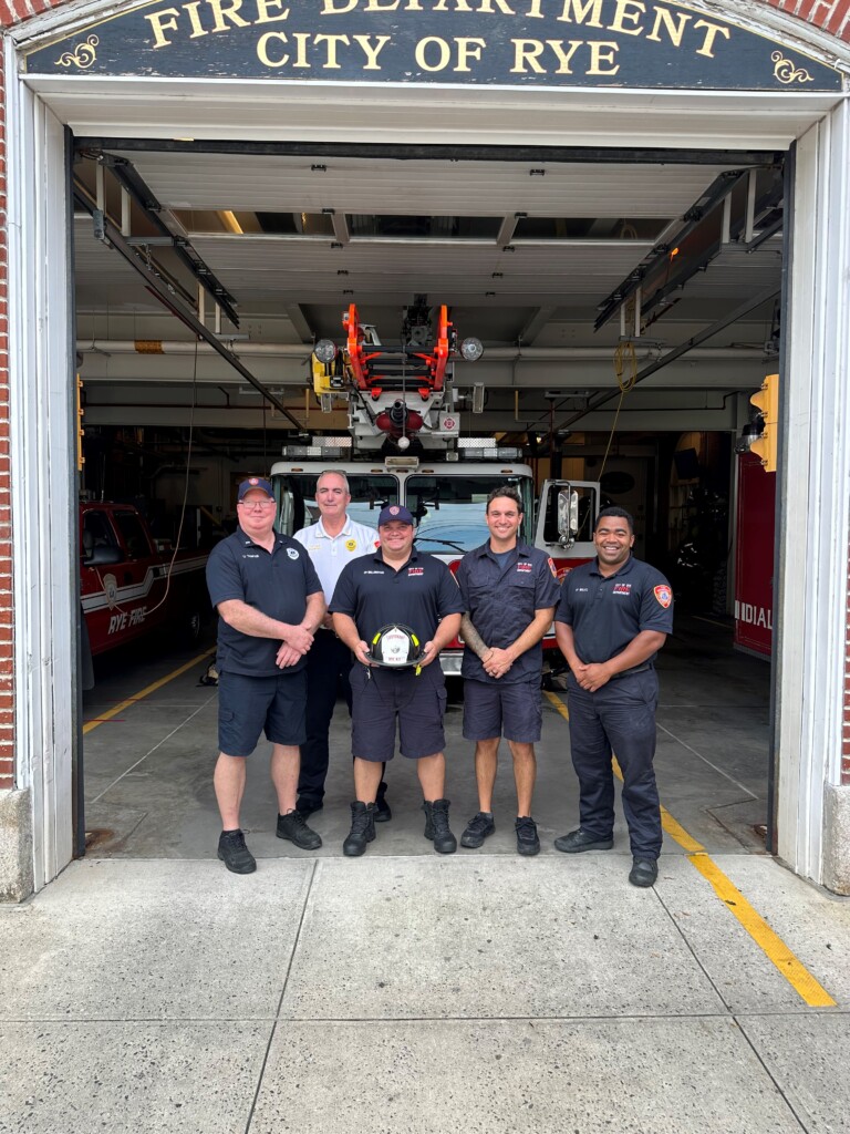 (PHOTO: Rye FD Firefighter Max Billington  was promoted to Lieutenant. At the Locust Avenue Rye FD headquarters (left to right):  Lieutenant John Thompson, Captain John McDwyer, Lieutenant Max Billington, Firefighter Joe Tolve and Firefighter Andre Wolfe.)