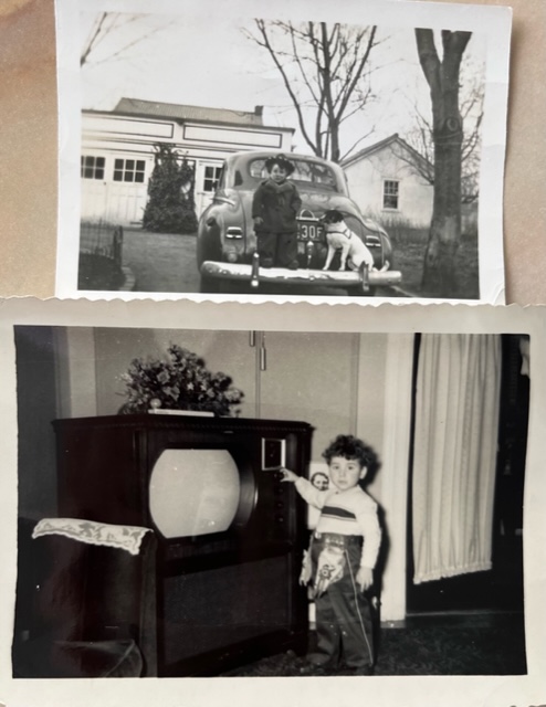 (PHOTO: Dino Garr and his dog Bubbi at his home on Wainwright Street in Rye, when Garr was three years old. The bottom photo shows the “Italian Cowboy” standing in front of his black and white DuMont console TV.)