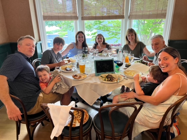 (PHOTO: Dino and Cathy Garr at the Rye Grill with daughters Chrystie and Laura, son-in-law Adam and grandchildren Will, Juliette, Caleb and Parley.)