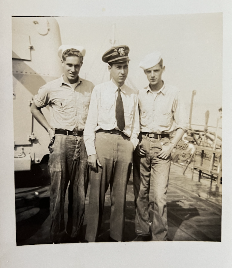 (PHOTO: Herbert Blecker standing with comrades, Henry Schneider and Cecil D. Elliot, in Portland, Maine, July 1946.)