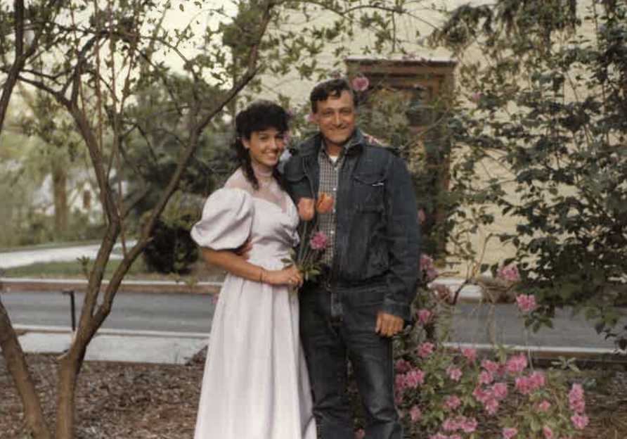 (PHOTO: Adriane and her dad in front of Oakland Beach Ave house on Prom day, June 1985)