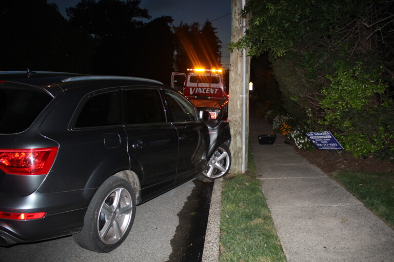 (PHOTO: Shortly after driving this car into a phone pole on Wednesday, William Wallace Haynes II, age 26, of Rye, was arrested for Driving While Intoxicated.)