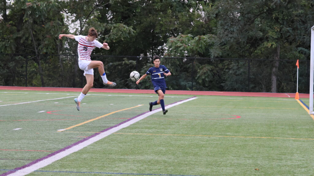 (PHOTO: Adding the mayo: Rye Boys Varsity Soccer player Charlie Margiloff connects on the game tying goal in the 64th minute versus Pelham on Wednesday, September 27, 2023.)