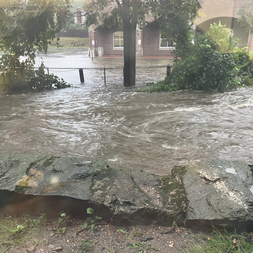 (PHOTO: Taken from behind the Rye Free Reading Room, you see the Blind Brook flooding onto the Rye YMCA property at 21 Locust Avenue. Photo taken around 1:40pm Friday, September 29, 2023.)