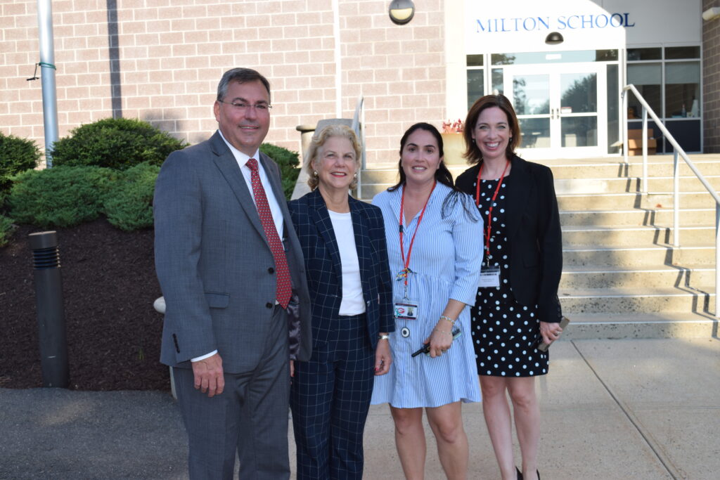 (PHOTO: The first day of school 2023 at Milton Elementary with Superintendent Eric Byrne, State Senator Shelley Mayer, Principal Annie Piekarski, and Director, Pupil Personnel & Special Education Services Dr. Erin Vredenburgh.)