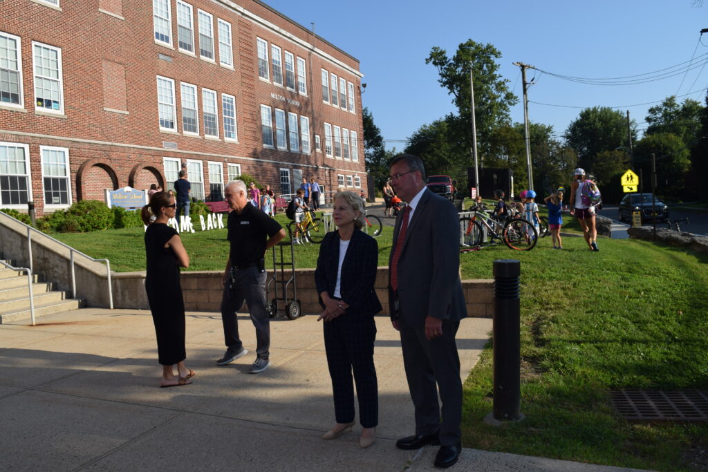 (PHOTO: The first day of school 2023 at Milton Elementary with Superintendent Eric Byrne, State Senator Shelley Mayer, Board of Ed President Jane Anderson and Gary from school security.)