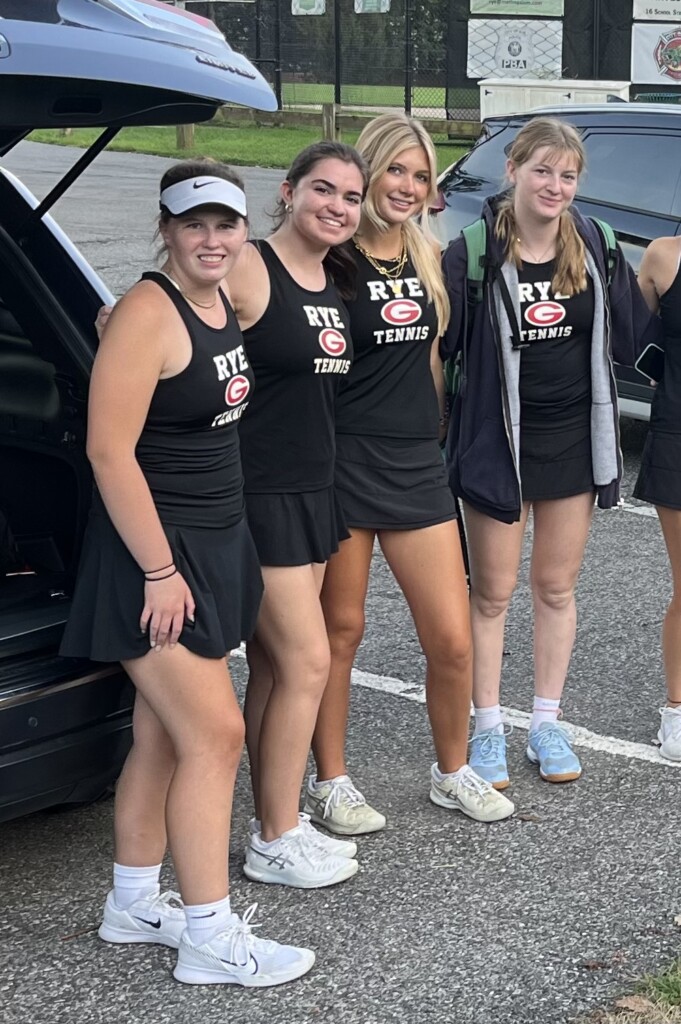 (PHOTO: Rye Girls Varsity Tennis team members sophomore Tori Hobbins, senior co caption Taylor Gori, and sophomores Hampton Reddich and Abby Roberson were all victorious in their Eastchester matches on Thursday.)