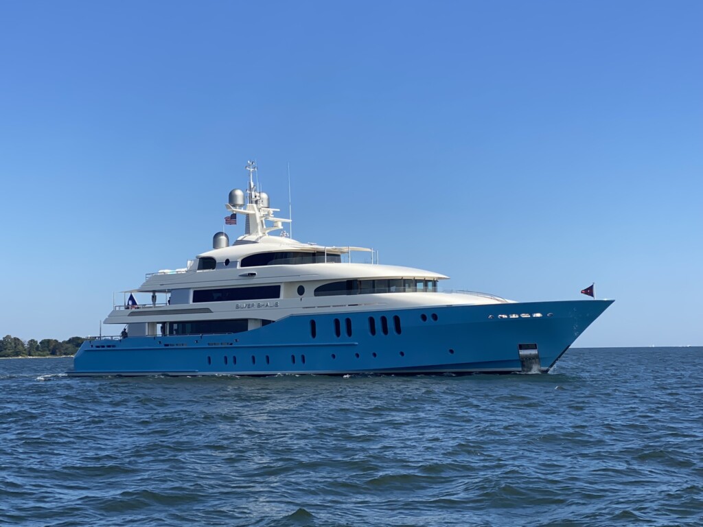 (PHOTO: Billionaire real estate tycoon Larry Silverstein’s $40 million, 175-foot super yacht Silver Shalis was seen on Sunday afternoon, September 17, 2023 cruising from Greenwich through Rye waters towards the Western Long Island Sound.)