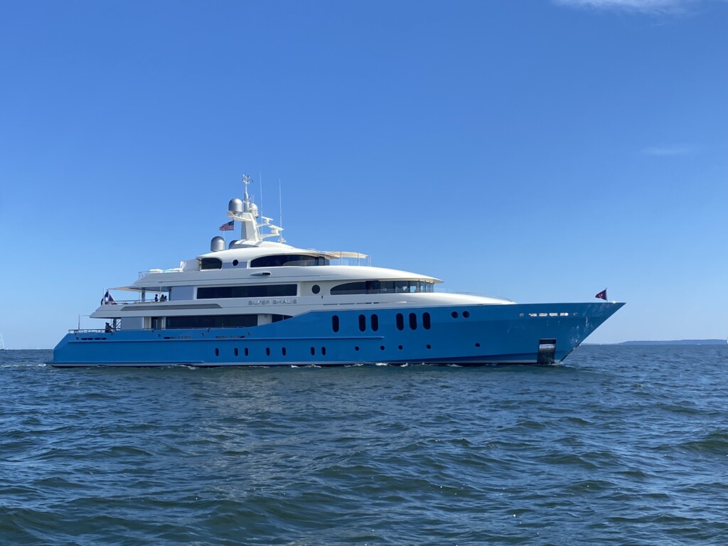 (PHOTO: Billionaire real estate tycoon Larry Silverstein’s $40 million, 175-foot super yacht Silver Shalis was seen on Sunday afternoon, September 17, 2023 cruising from Greenwich through Rye waters towards the Western Long Island Sound.)