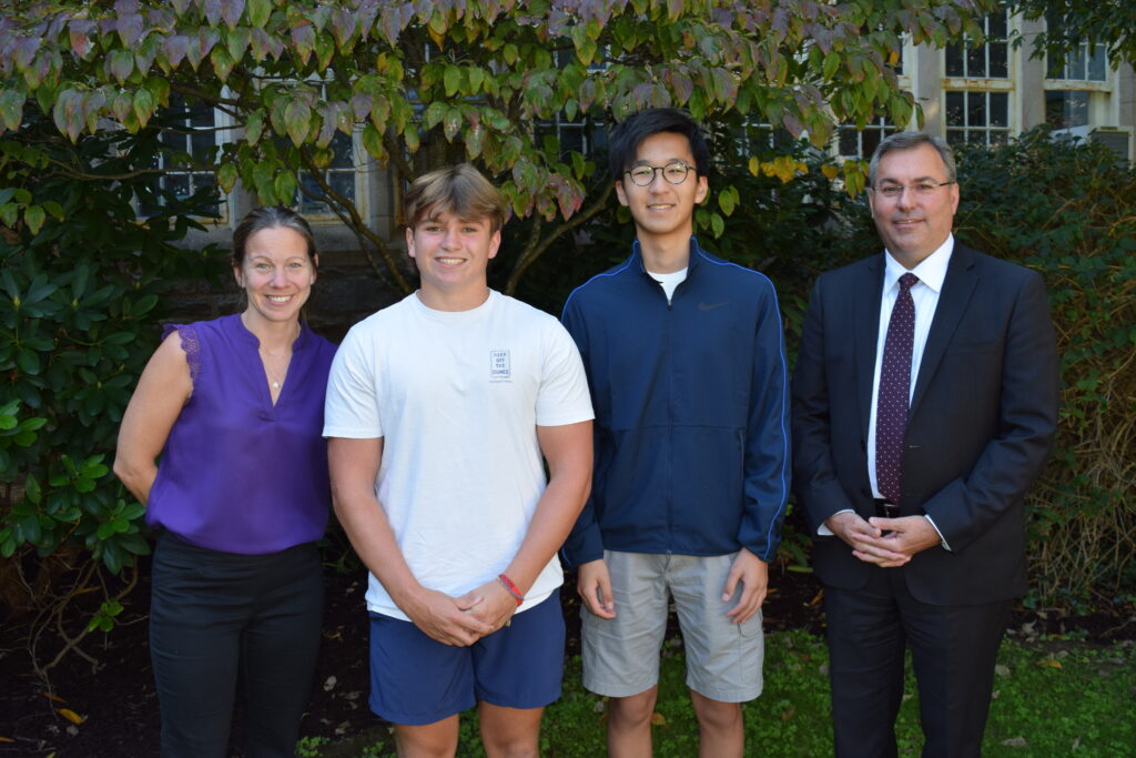 (PHOTO: Rye High School Principal Suzanne Kelly Short, National Merit Scholar Semifinalists Paddy Harrigan and Dan Yamaguchi, and Rye City School District Superintendent Dr. Eric Byrne.)