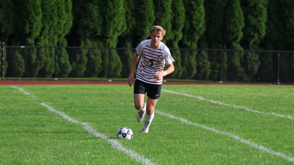 (PHOTO: Rye Boys Varsity Soccer player #3 Niklas Hofmann scored the winning goal on Thursday when the Garnets defeated Ardsley.)