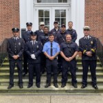 (PHOTO: New Rye Fire Fighter Brandon Antolino with the rest of Rye FD on the steps of Rye City Hall after his swearing in on September 26, 2023.)