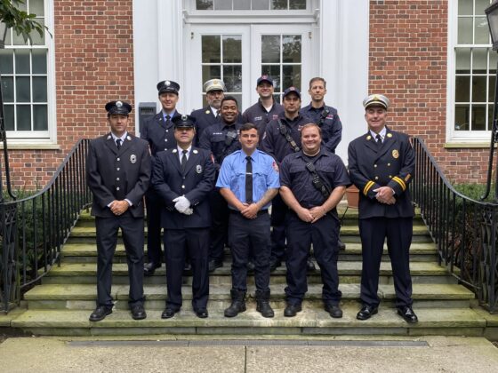 (PHOTO: New Rye Fire Fighter Brandon Antolino with the rest of Rye FD on the steps of Rye City Hall after his swearing in on September 26, 2023.)