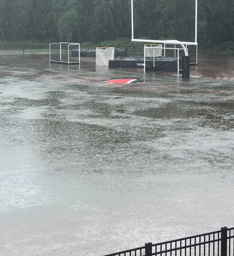 (PHOTO: The turf field at Rye High School flooded from the Blind Brook, around 11:30am on Friday, September 29, 2023.)