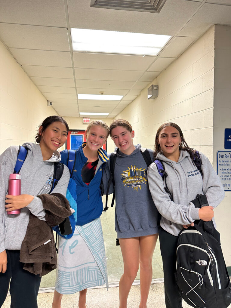 (PHOTO: The Rye Girls Varsity Swimming and Diving team members that qualified for the Section 1 championship meet on Friday night (left to right): Ayana Ite, Kate Chesley, Sydney Goldberg and Kayla Lombardo.)