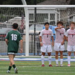 (PHOTO: At Rye Boys Varsity Soccer on Saturday versus Yorktown, Max Crothall set up a wall with Takumi Otani, Jack Gilroy, and Ollie Lincoln. Credit: Alvar Lee.)