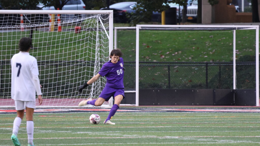 (PHOTO: Rye Boys Varsity Soccer player Max Crothall posted another clean sheet with several outstanding saves. Credit: Alvar Lee.)