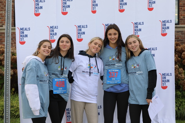 (PHOTO: At the 2023 annual Miles for MOMS (Meals of Main Street) race: Rye Country Day School sophomore Emilia Allison with fellow Fun Run participants and Rye High School sophomores Lila Hudson, Shyla Goodner, Cara Scansaroli and Willa Byrne.)