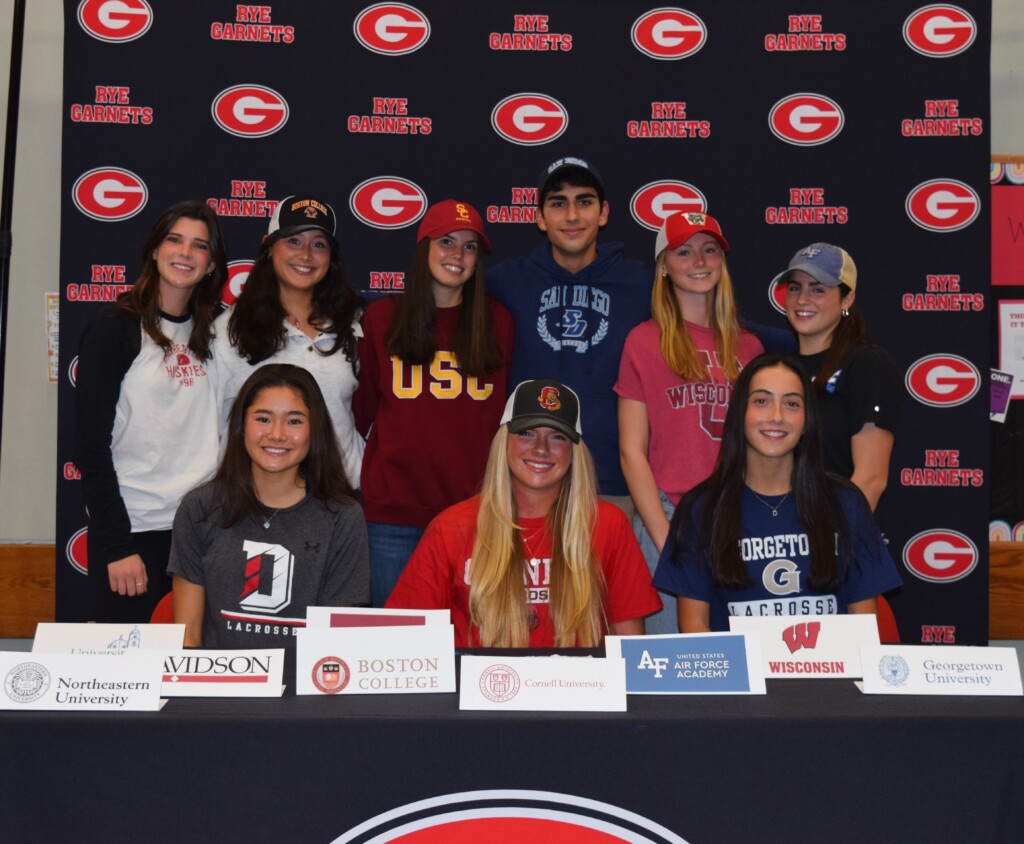 (PHOTO: Nine Rye High School seniors have committed to play sports at the college/university level next year. Back row, l to r: Grace K. Regan, Avery Lehman, Grace E. Regan, Marco Altamura, Hannah Fineberg, Maddy Walsh. Front row, l to r: Mali White, Lilly Whaling, Della Goodman.)