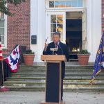 (PHOTO: County Executive George Latimer delivers remarks during the Veterans Day ceremony on the Rye Village Green November 11, 2023.)