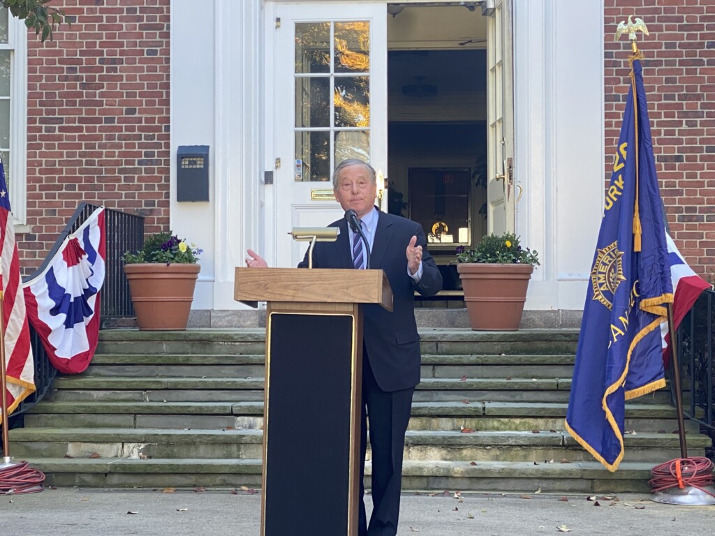 (PHOTO: State Assemblyman Steve Otis delivers remarks during the Veterans Day ceremony on the Rye Village Green November 11, 2023.)